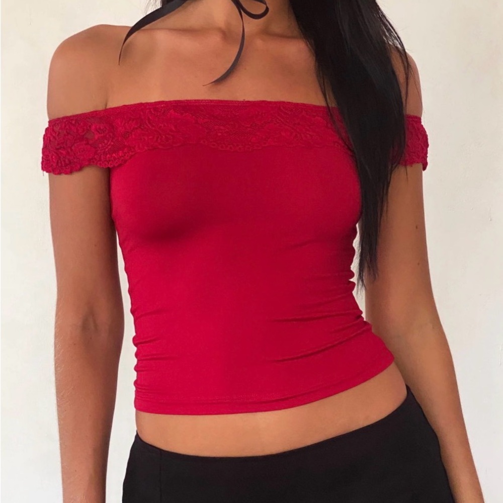 Motel Rocks Red Off-Shoulder Crop Top